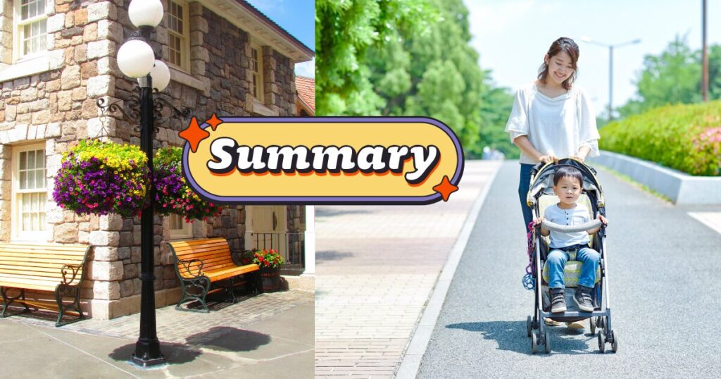 Summaryの文字とベビーカーをひくママ