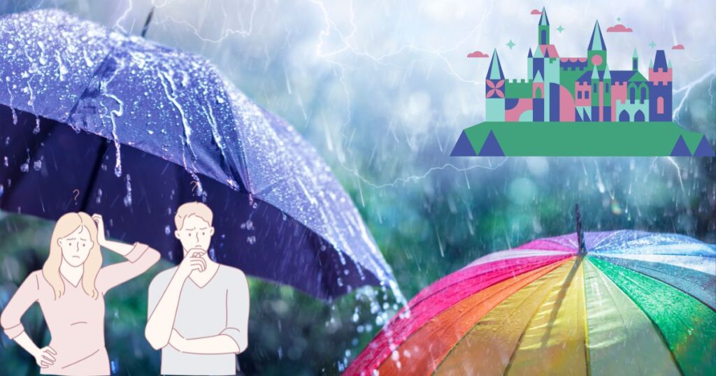 雨と傘、考える男女のイラスト