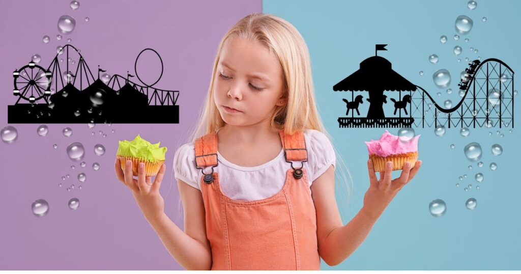 お菓子をもって考える女の子の写真