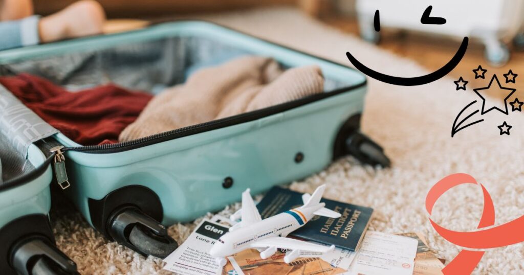 スーツケースの写真とウィンクのイラスト