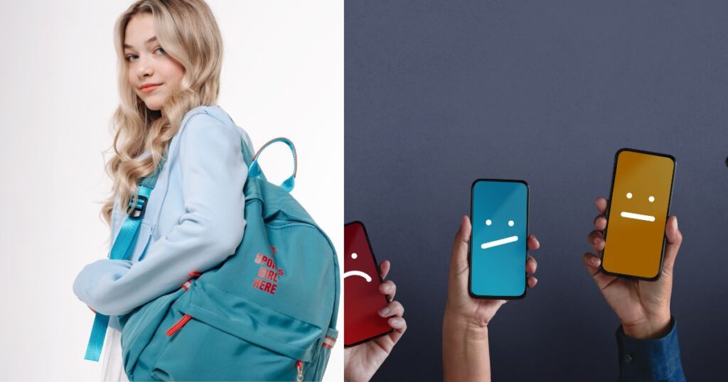 リュックを背負っている女性とスマホの写真