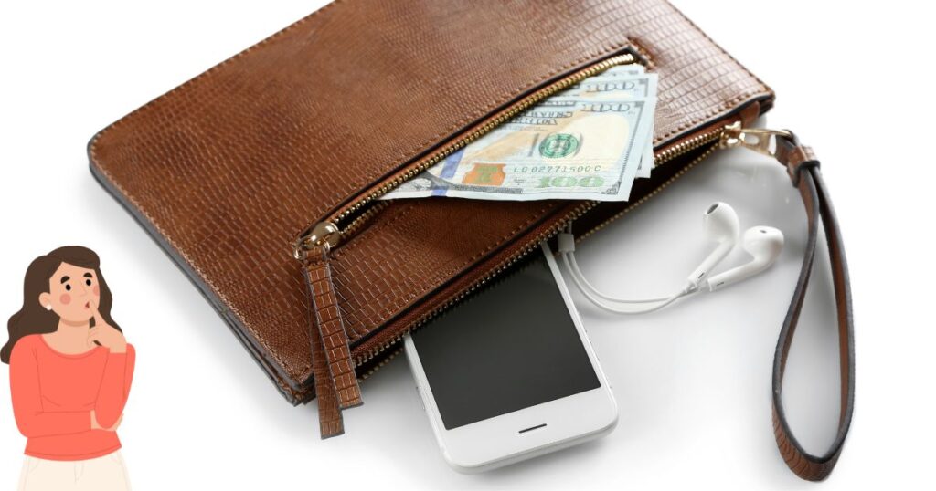 茶色いポーチとスマホの写真と考えるイラスト