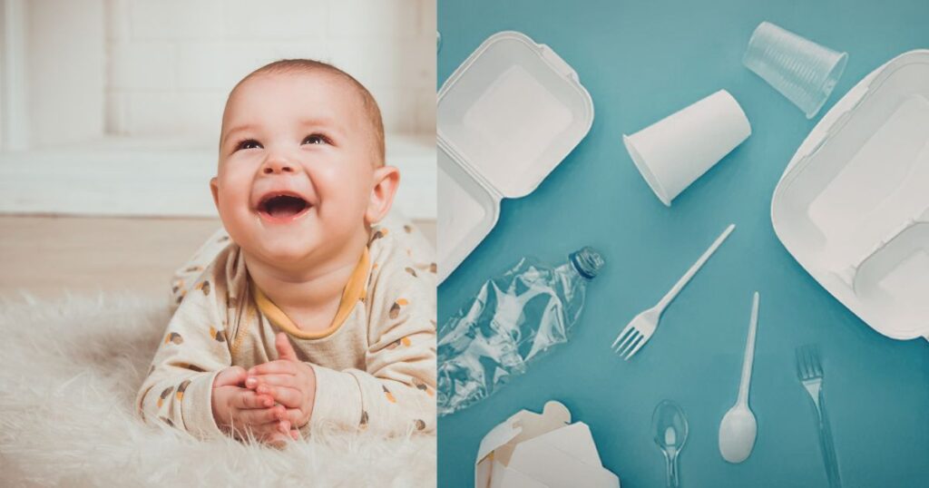 笑顔の赤ちゃんと食器の写真