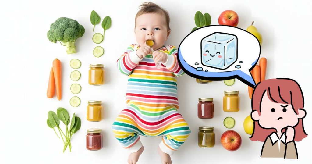 食材と赤ちゃん、考える女性のイラスト