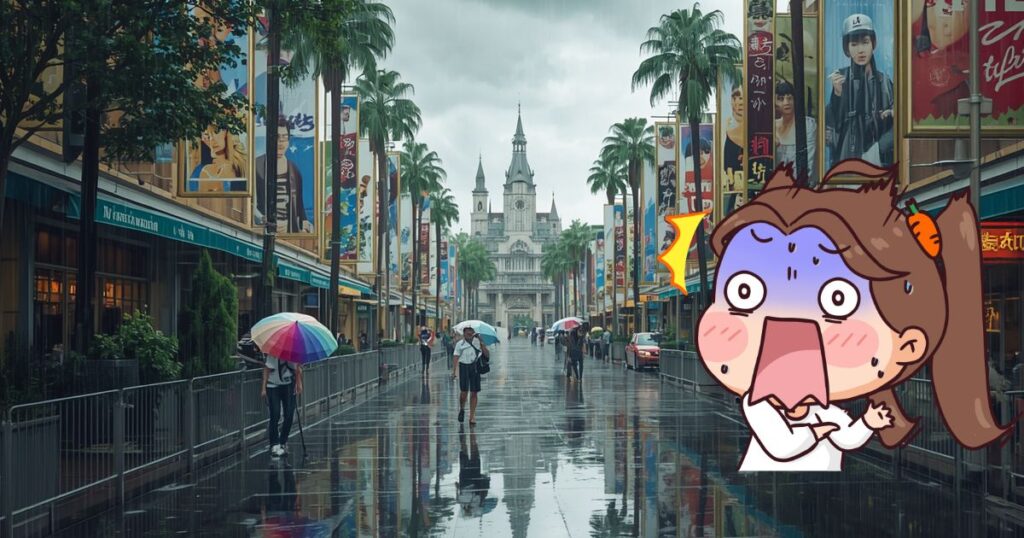雨の風景と驚く女の子のイラスト
