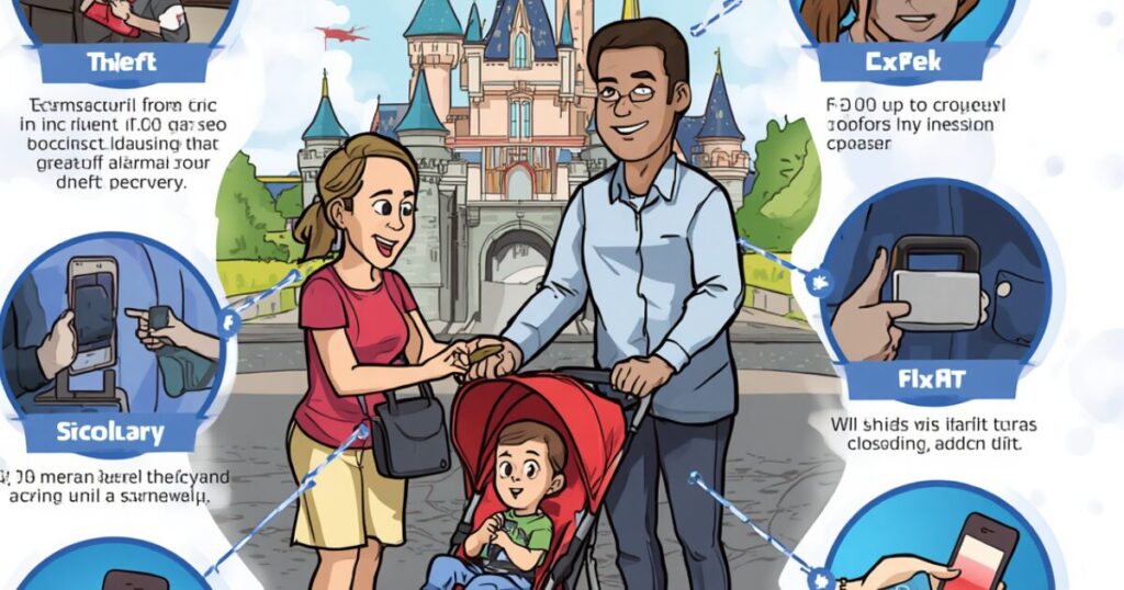 ベビーカーに子供が乗っている家族と背景にお城のイラスト
