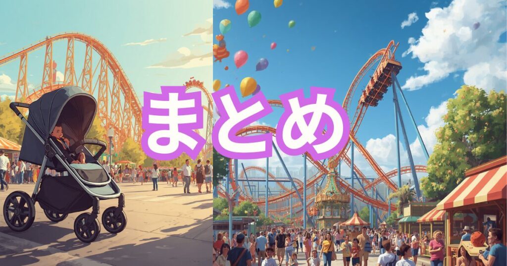 まとめの文字とベビーカーとテーマパークのイラスト