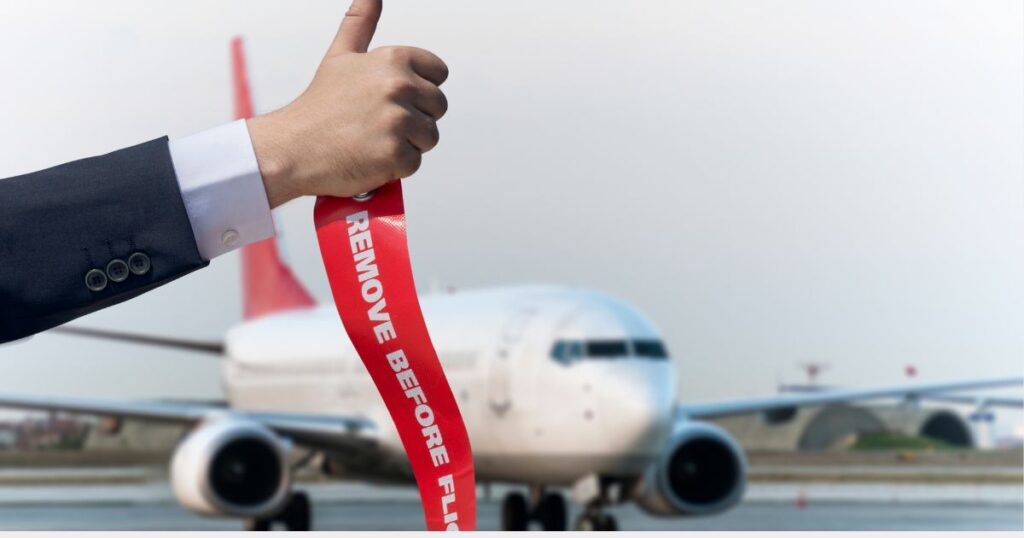飛行機とフライトタグを持った人の手