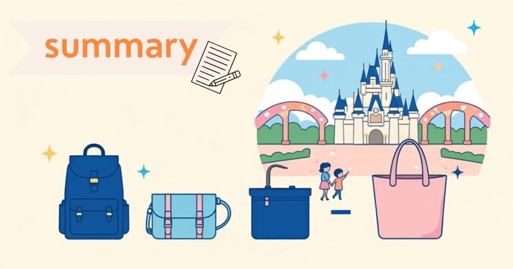 Summaryの文字とテーマパークとバッグのイラスト